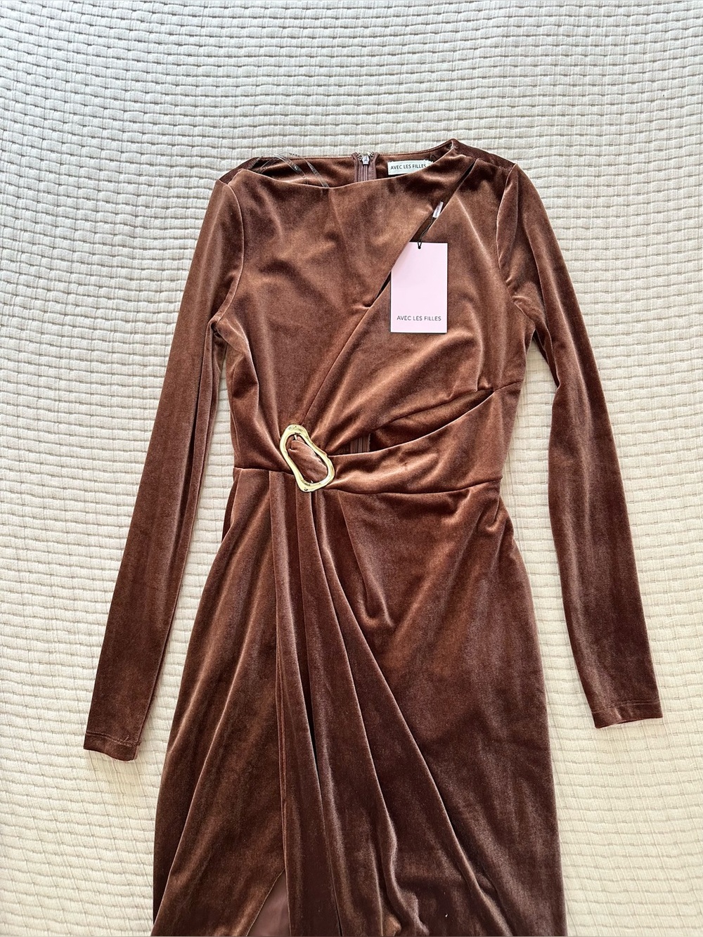 Avec Les Filles Long-Sleeve Cutout Velvet Maxi Dress Brown